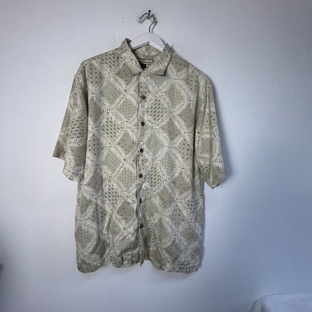 Tommy Bahama Mens Beige Button-Up Shirt 100% Silk Short Sleeve Leaf Print Large